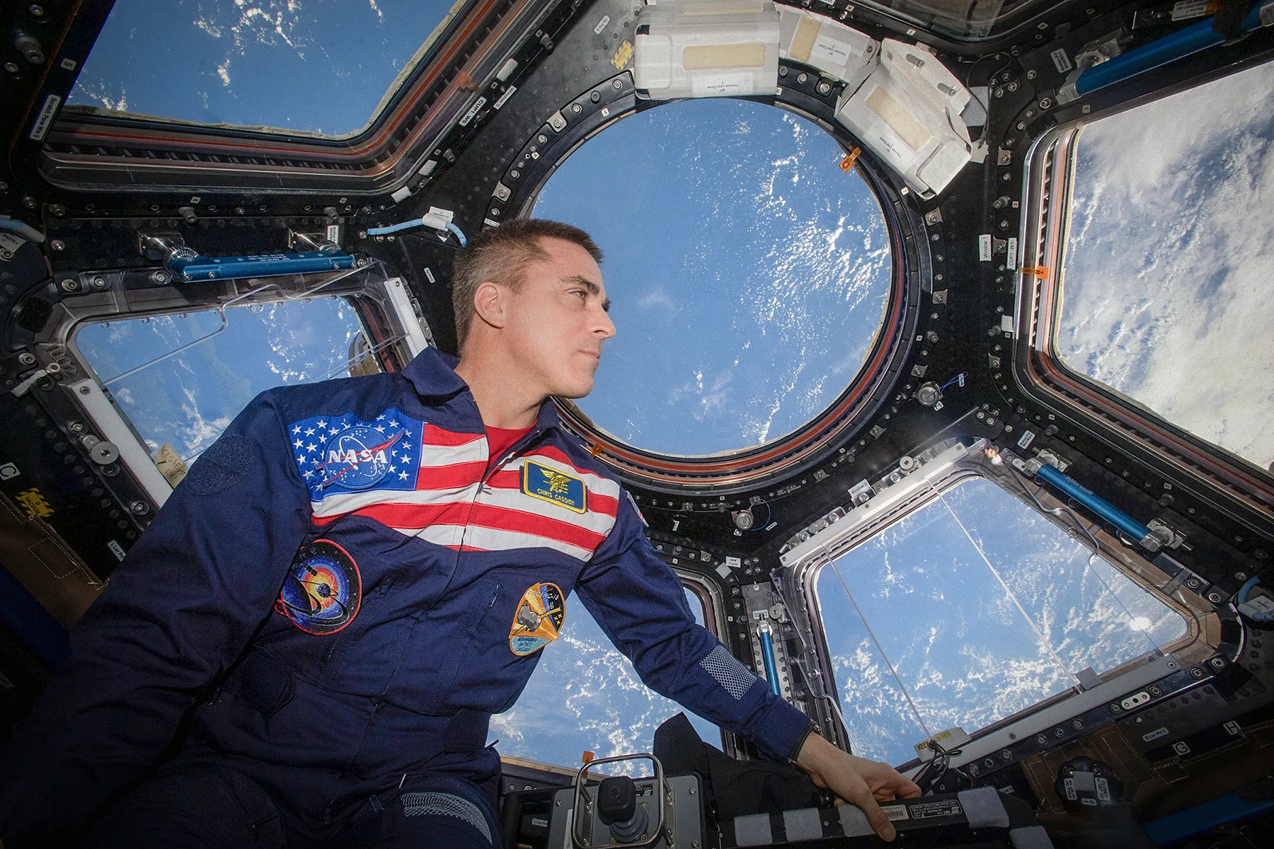 Chris Cassidy in space looking out over the Earth