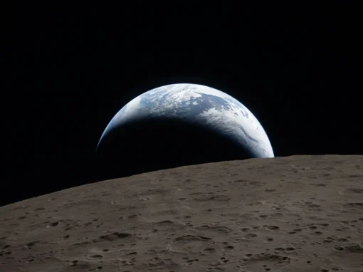 Earthset captured through the Orion spacecraft window at 6:41 p.m. EDT, April 6, 2026, during the Artemis II crew’s flyby of the Moon. A muted blue Earth with bright white clouds sets behind the cratered lunar surface. The dark portion of Earth is experiencing nighttime. On Earth’s day side, swirling clouds are visible over the Australia and Oceania region. In the foreground, Ohm crater has terraced edges and a flat floor interrupted by central peaks—formed when the surface rebounded upward during the impact that created the crater.
