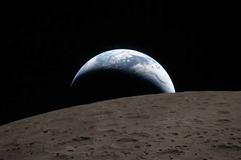 Earthset, photo courtesy of NASA Earthset captured through the Orion spacecraft window at 6:41 p.m. EDT, April 6, 2026, during the Artemis II crew’s flyby of the Moon. A muted blue Earth with bright white clouds sets behind the cratered lunar surface. The dark portion of Earth is experiencing nighttime. On Earth’s day side, swirling clouds are visible over the Australia and Oceania region. In the foreground, Ohm crater has terraced edges and a flat floor interrupted by central peaks—formed when the surface rebounded upward during the impact that created the crater.